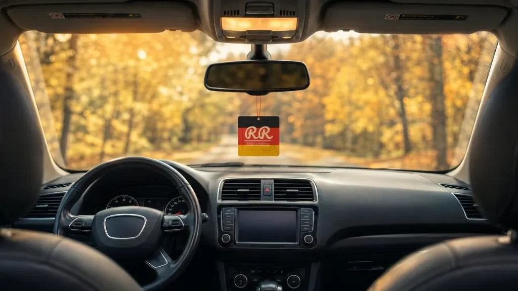 Auto Lufterfrischer mit deutscher Flagge im Auto, Herbstwald im Hintergrund